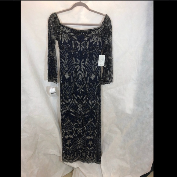 NWT Pisarro Nights Embellished Off the Shoulder Column Gown Blue [SZ 6 ]‎ - Picture 6 of 12